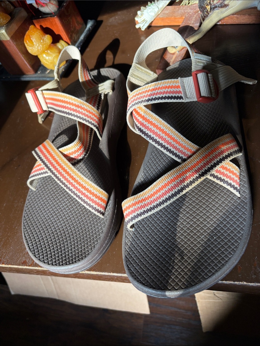 New Chaco Striped Strap Outdoor Sandals - Gray Base with Orange & Red Accents 12